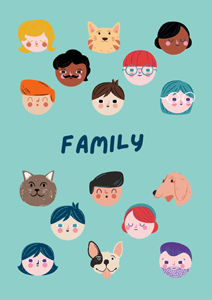 cartoon image of people and pets
